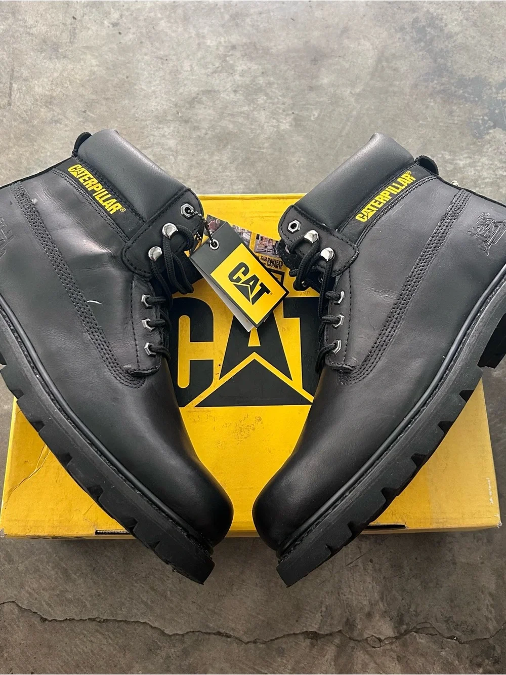 Caterpillar Black Leather Work Boots with Yellow Logo